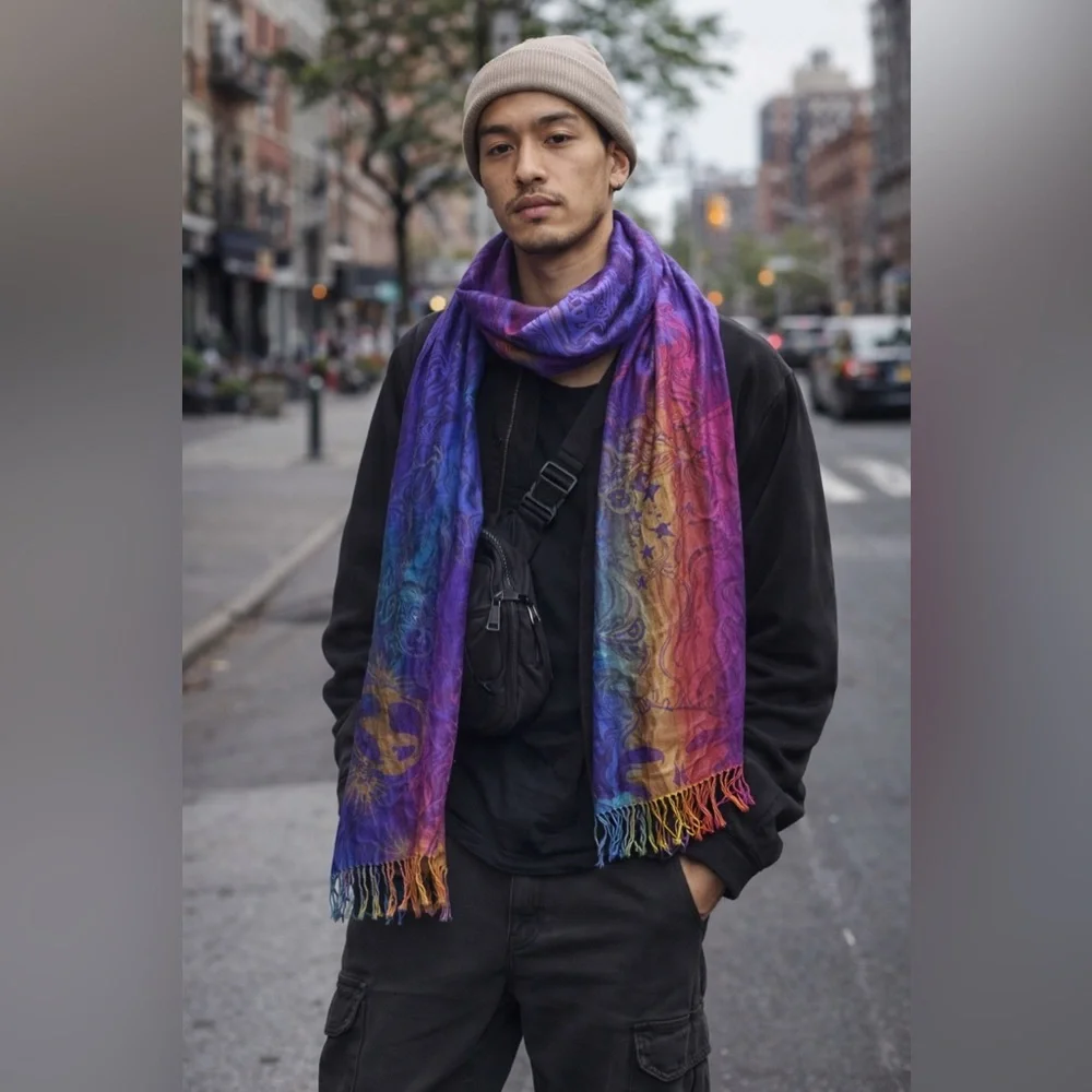 Rainbow Celestial Fringe Scarf Boho Festival Wrap Shawl 70x28 Cosmic Star Moon